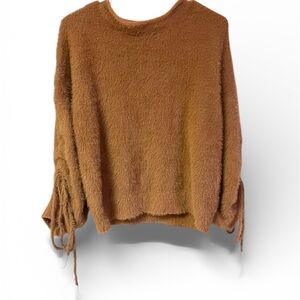Simplee Apparel Brown Fuzzy Eyelash Knit Sweater - Ruched Tie Sleeve Top - Sz S